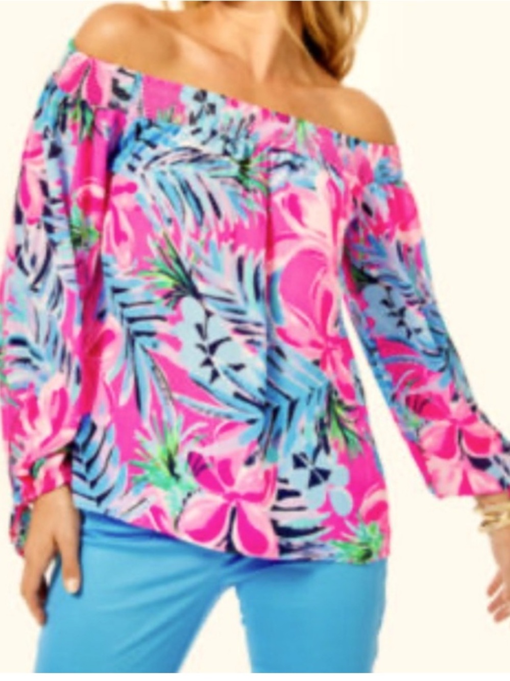 Lilly Pulitzer MaryEllen Cockatoo Pink off shoulders top Size XL - Picture 2 of 9